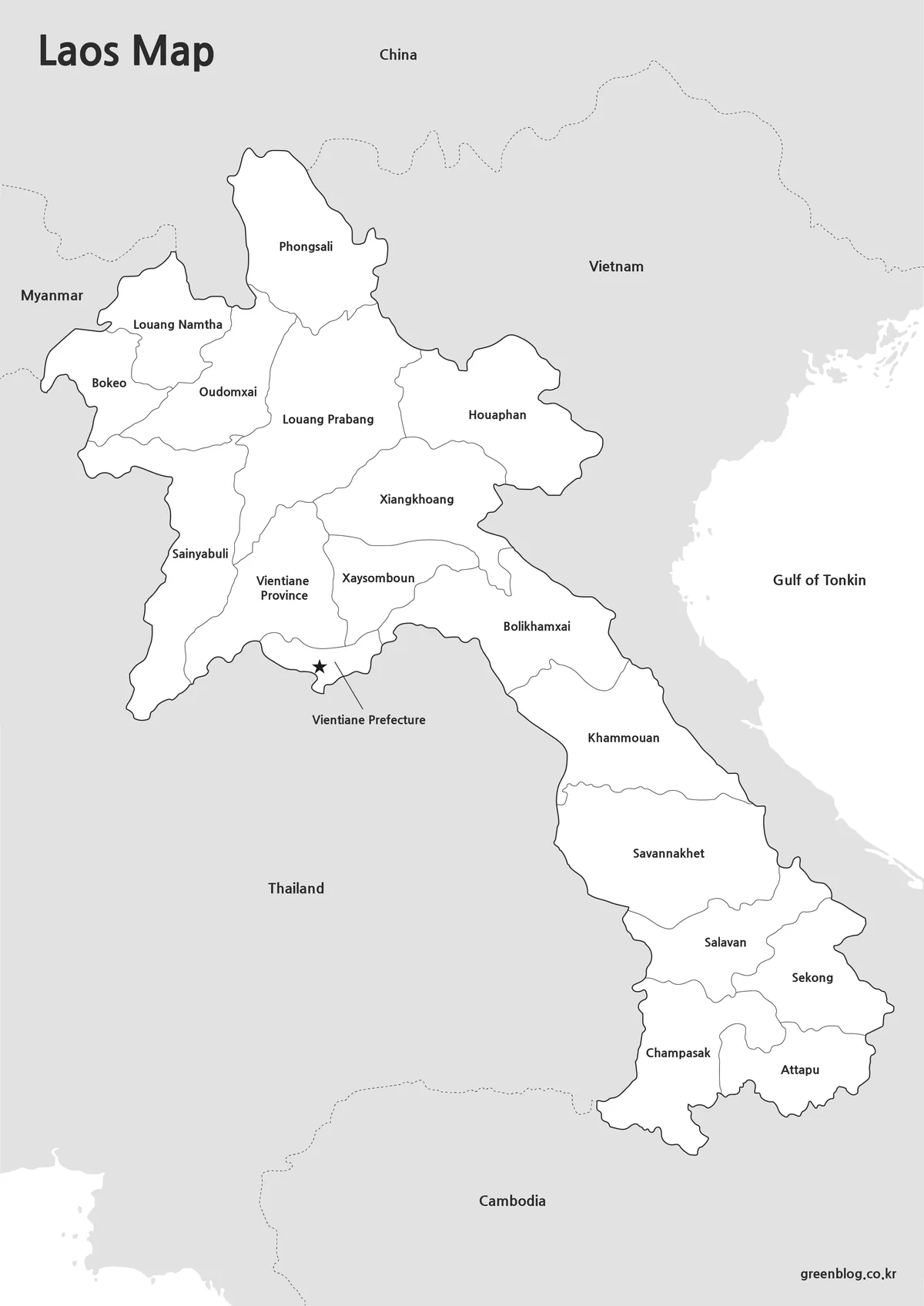 Printable Laos map with province boundaries in black and white