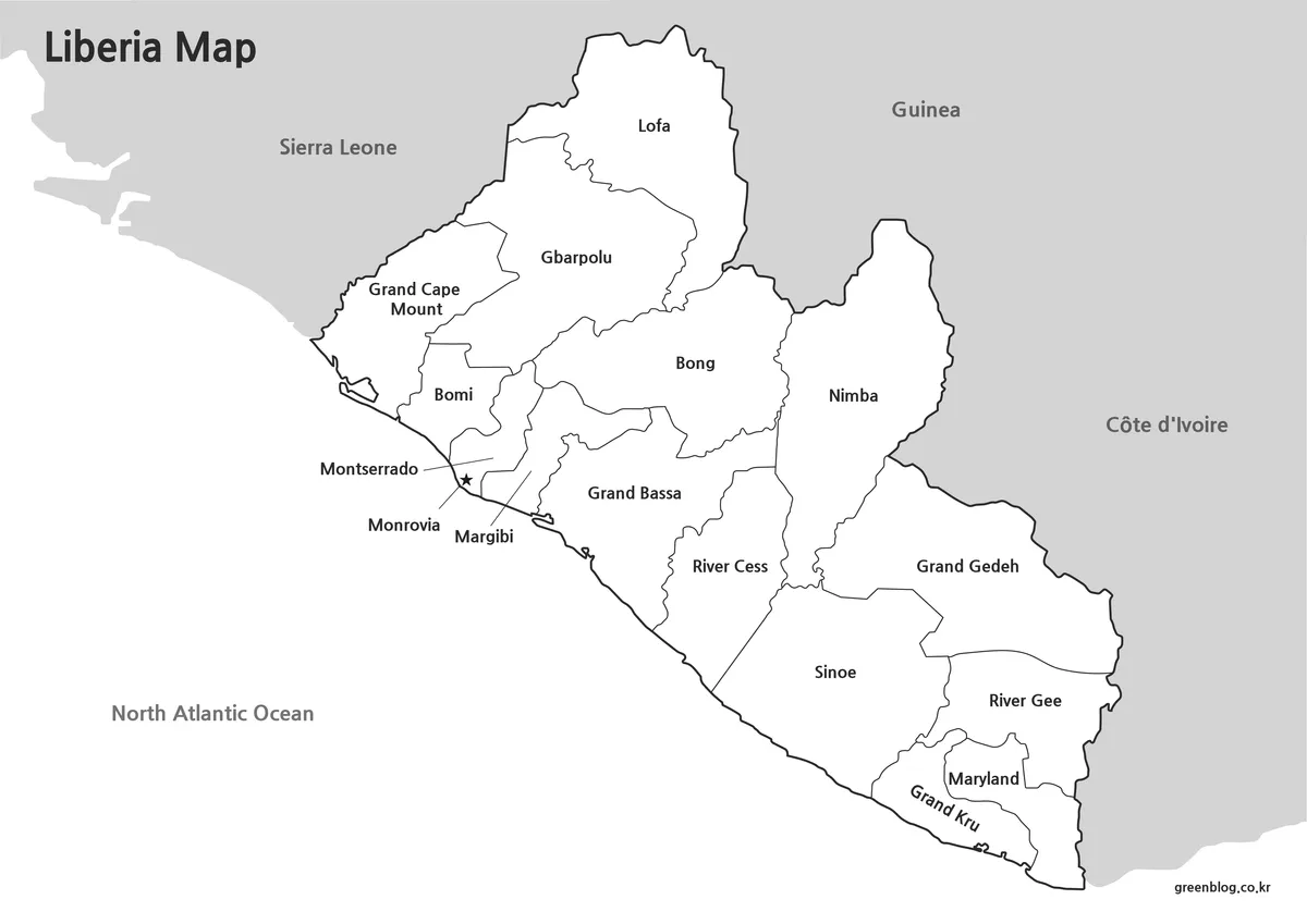 Printable Liberia map with county boundaries in black and white format.