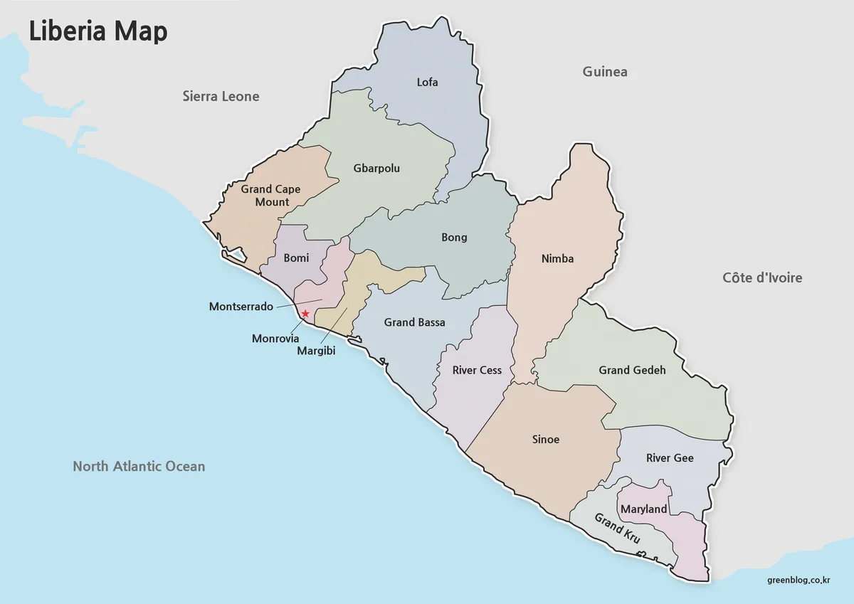 High-resolution Liberia county map with color-coded administrative regions and Monrovia location.