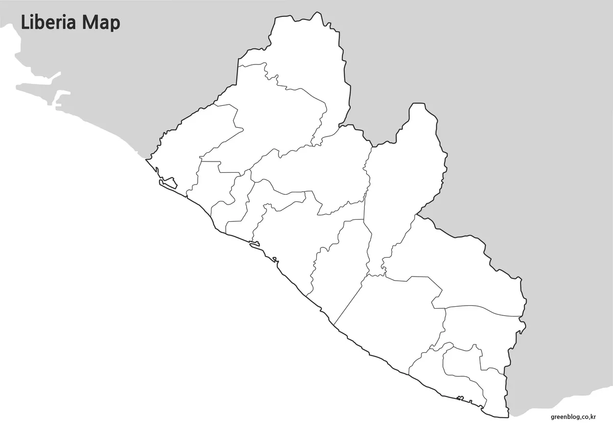 Editable Liberia outline map with county boundary lines for graphic design and educational use.