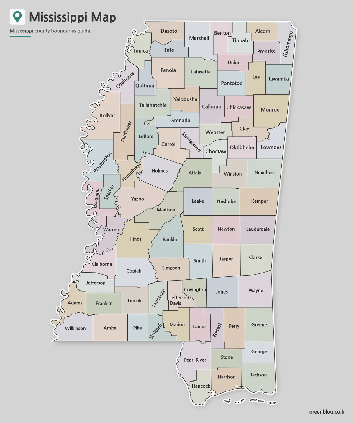 Printable Mississippi Map with county boundaries for classroom and presentation use
