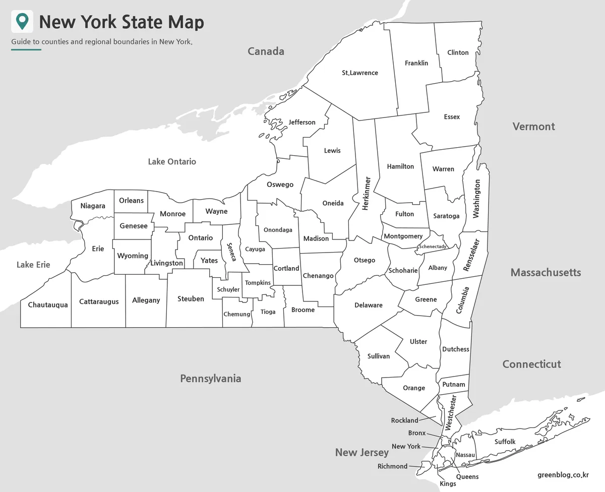 Printable New York County Map showing county names and boundary lines.