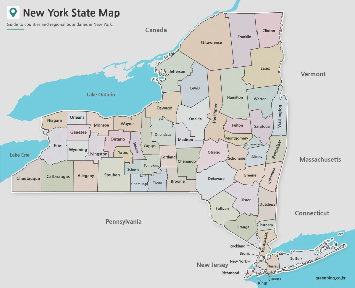 Printable New York State county map collection with color, labeled, and outline versions