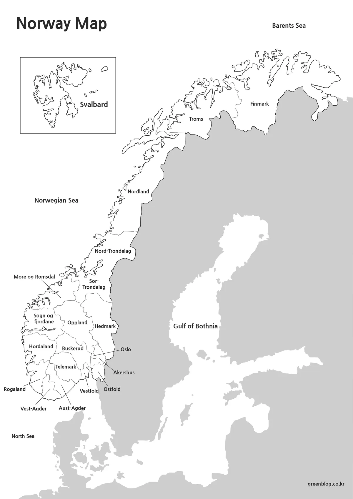 Printable black and white Norway map with labeled administrative regions.