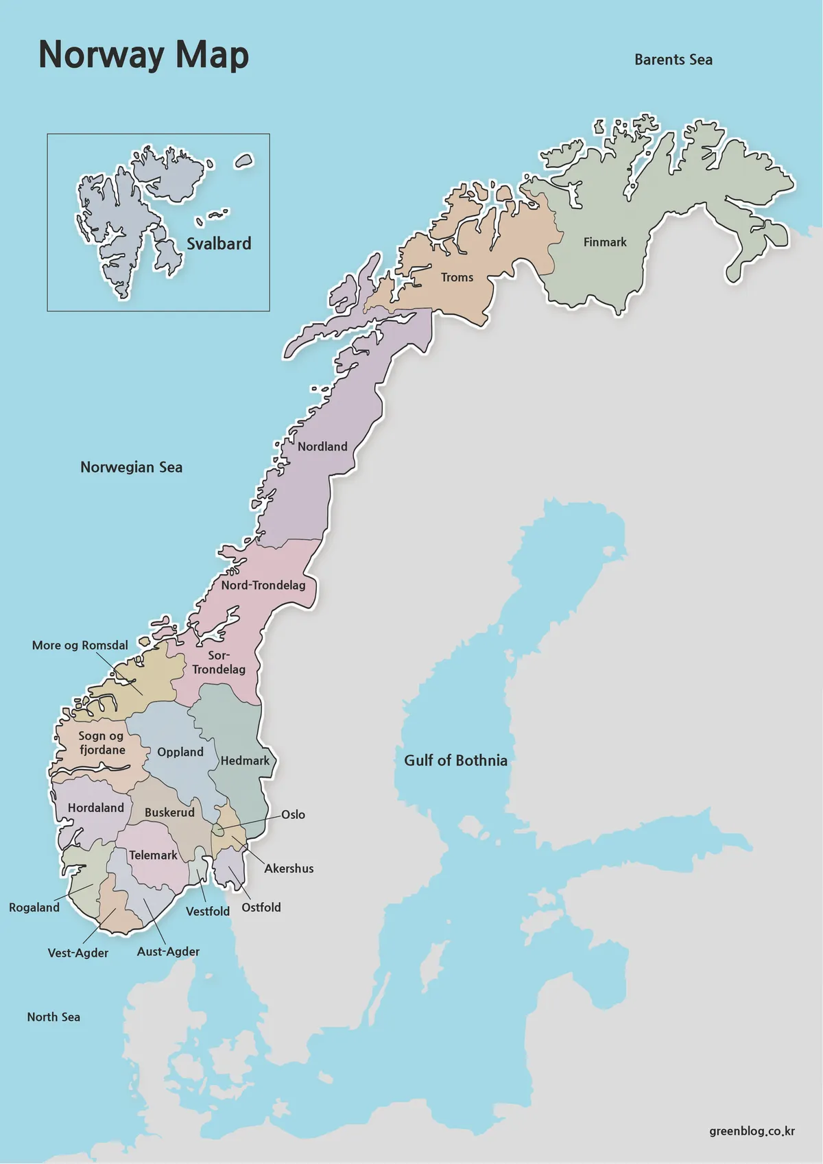 Printable Norway map showing administrative regions and Svalbard for educational and presentation use