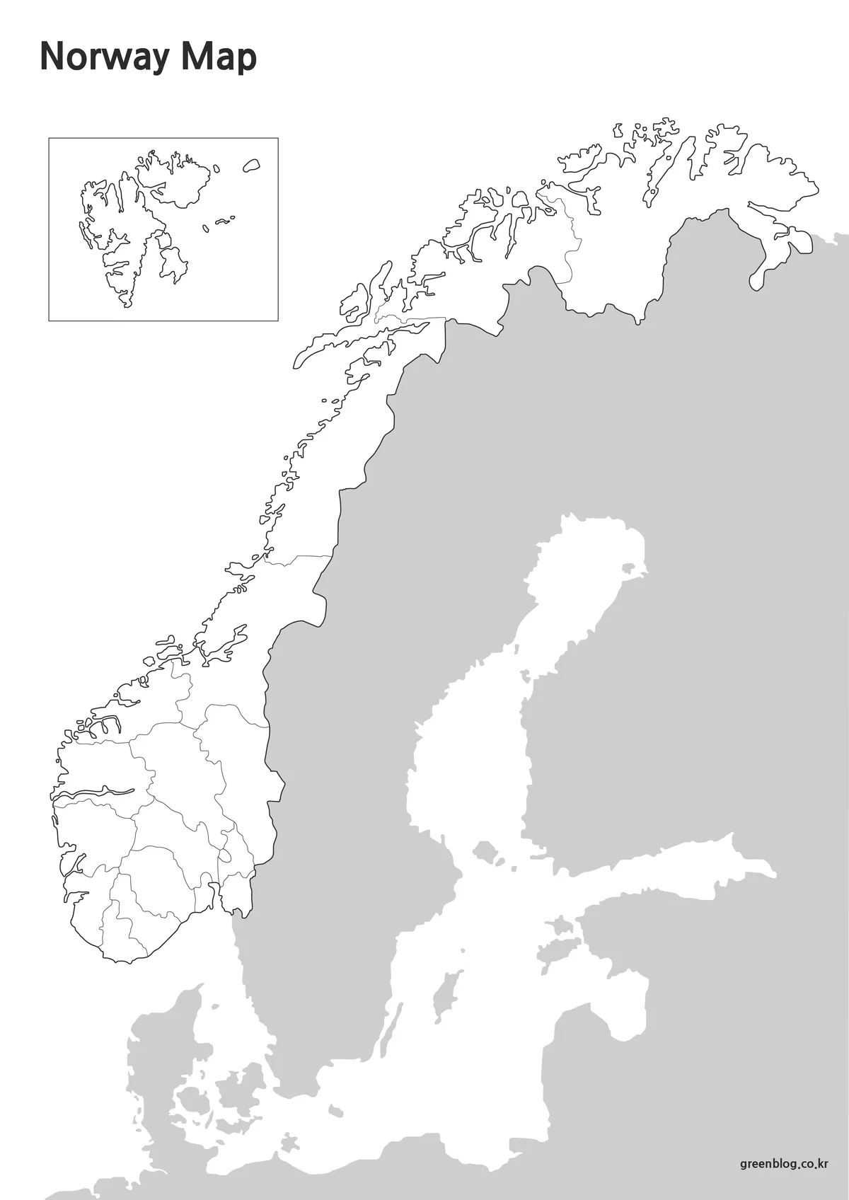 Editable Norway outline map with regional boundary lines and no labels.