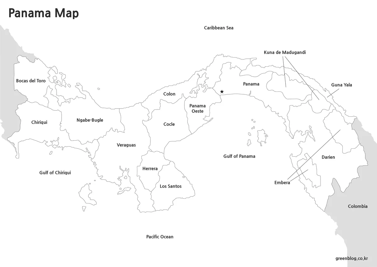 Printable black and white Panama map with administrative boundaries and labels.