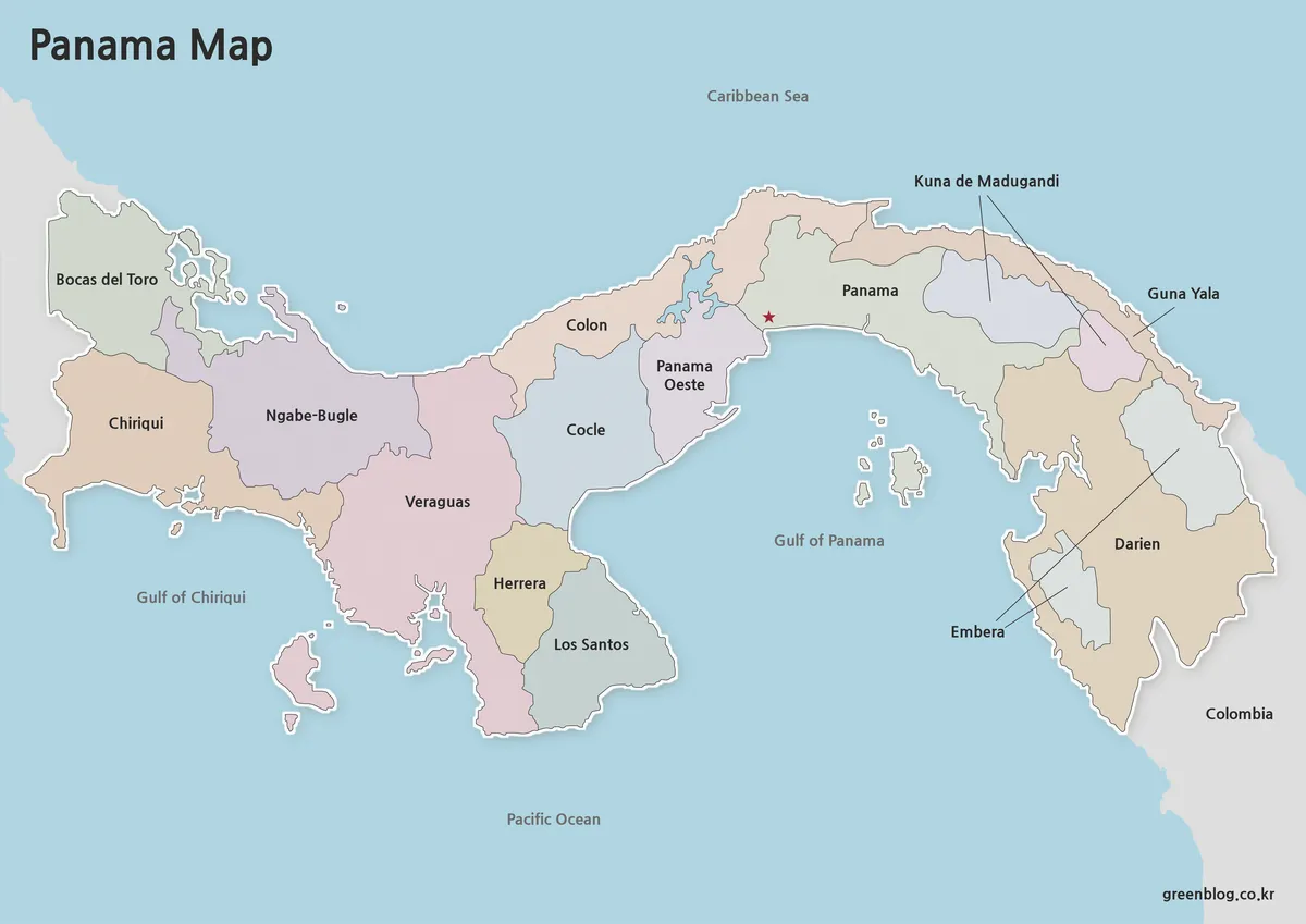 High-resolution Panama color map showing provinces and indigenous regions.