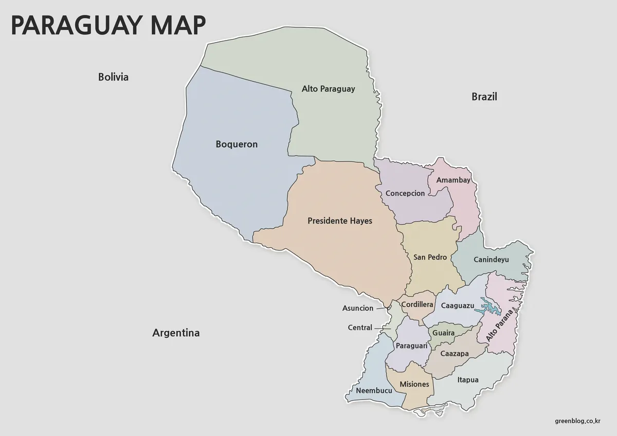 High-resolution Paraguay map collection with printable color, black and white, and outline versions