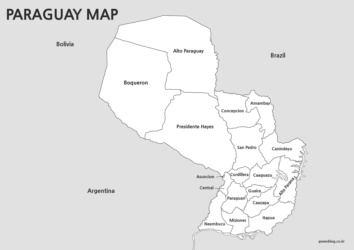 Printable Paraguay black and white map with regional boundaries and labels.
