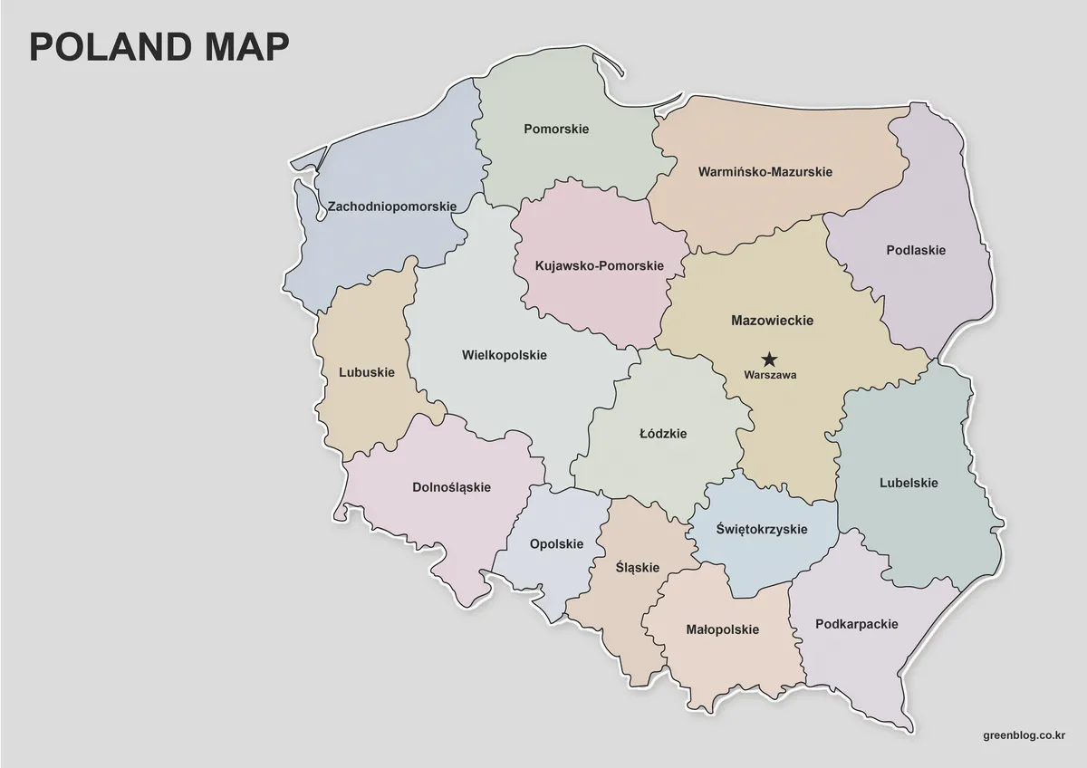 High-resolution Poland color map with labeled administrative regions.