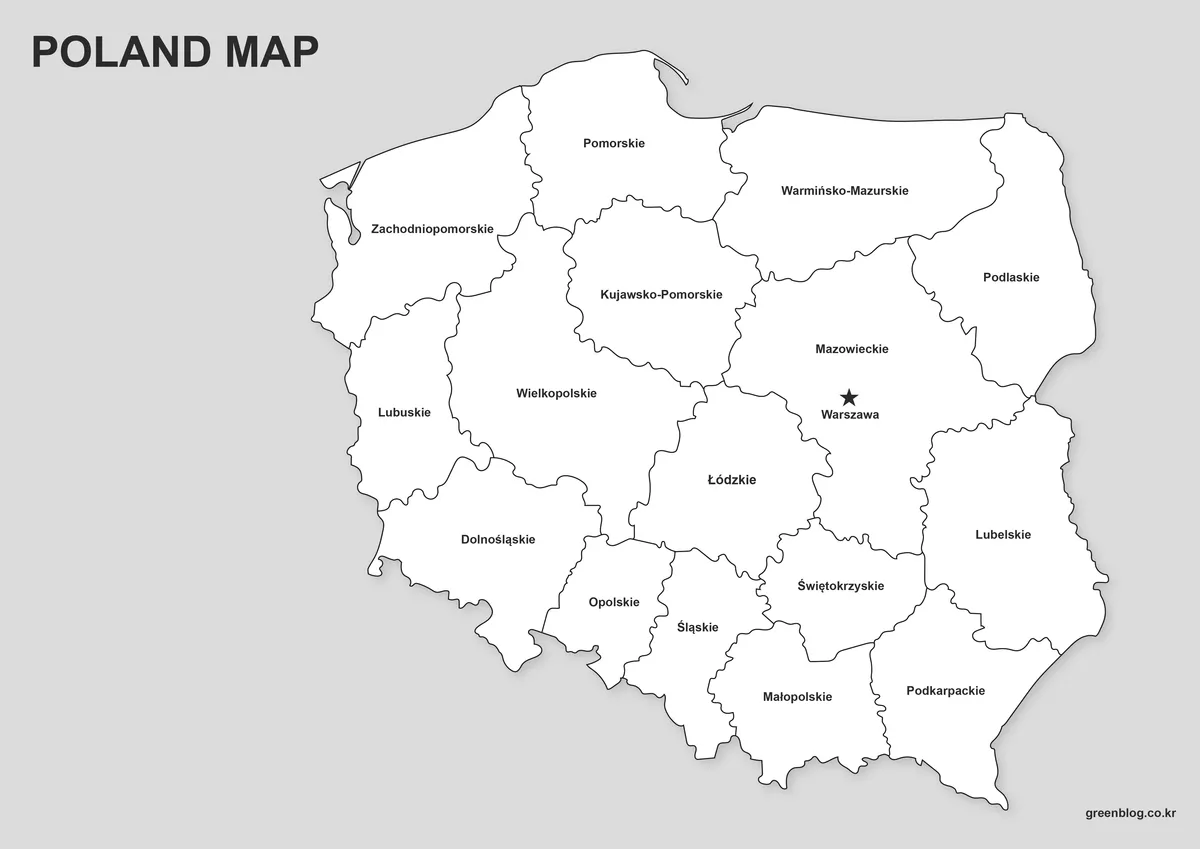 Printable Poland black and white map with regional boundaries.