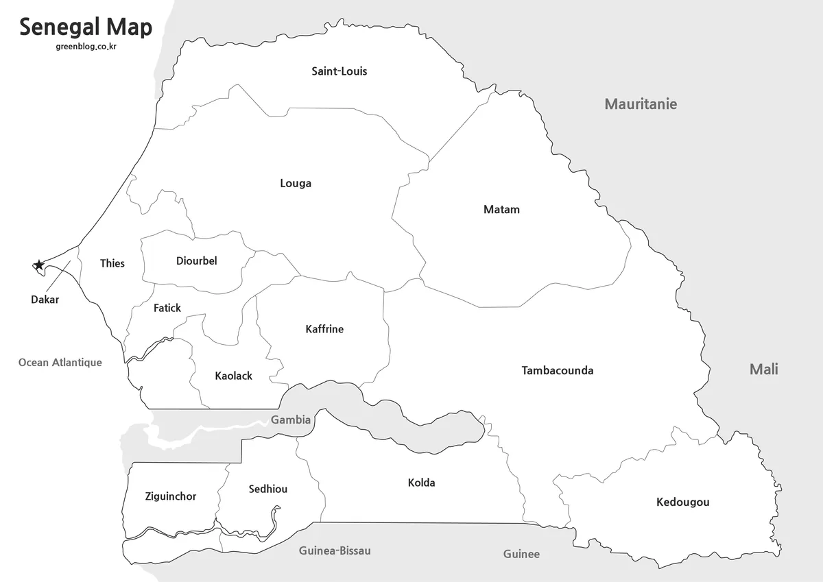 Printable black and white Senegal map with regional boundaries and labels