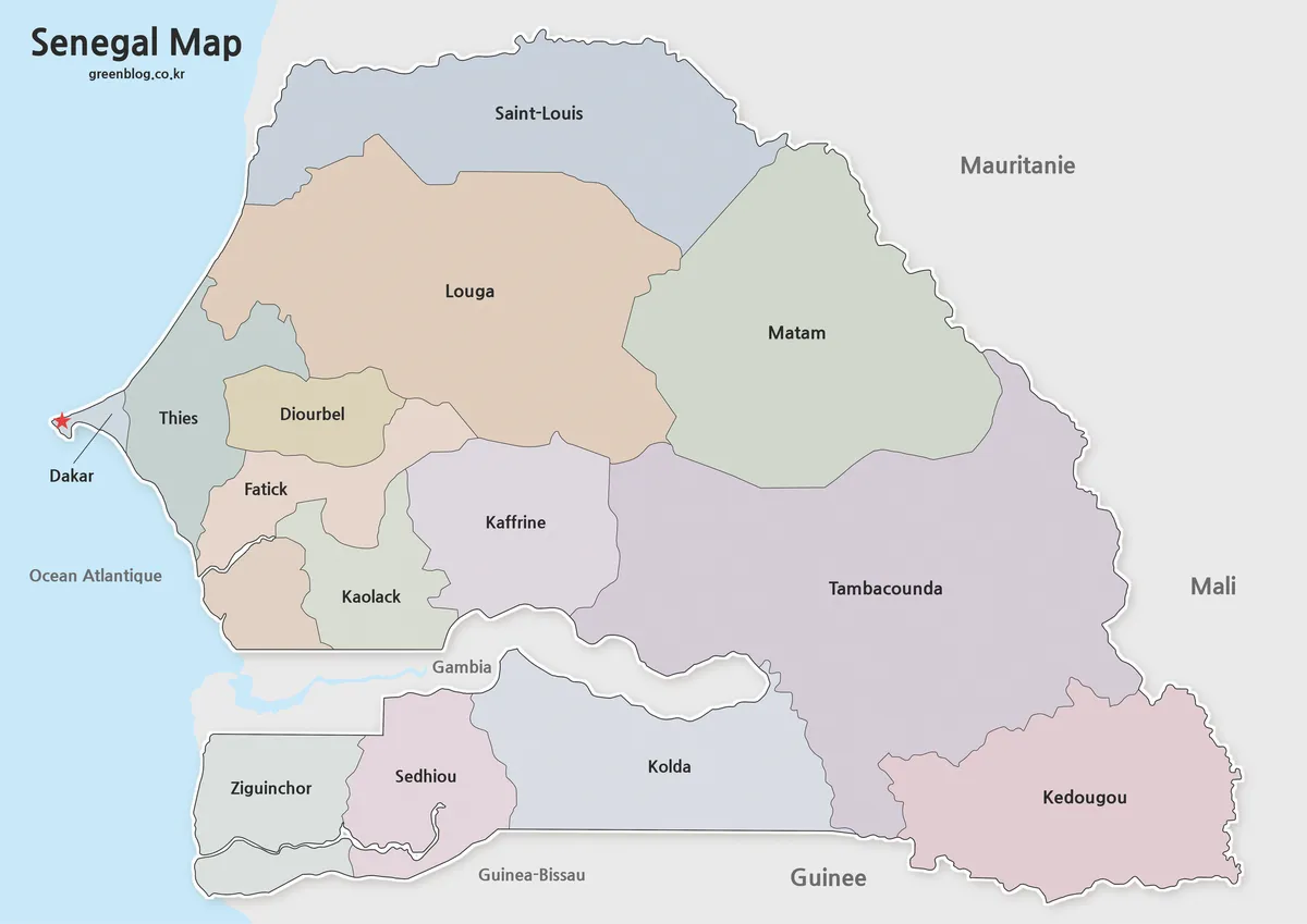 Printable Senegal map collection showing administrative regions and the Gambia corridor