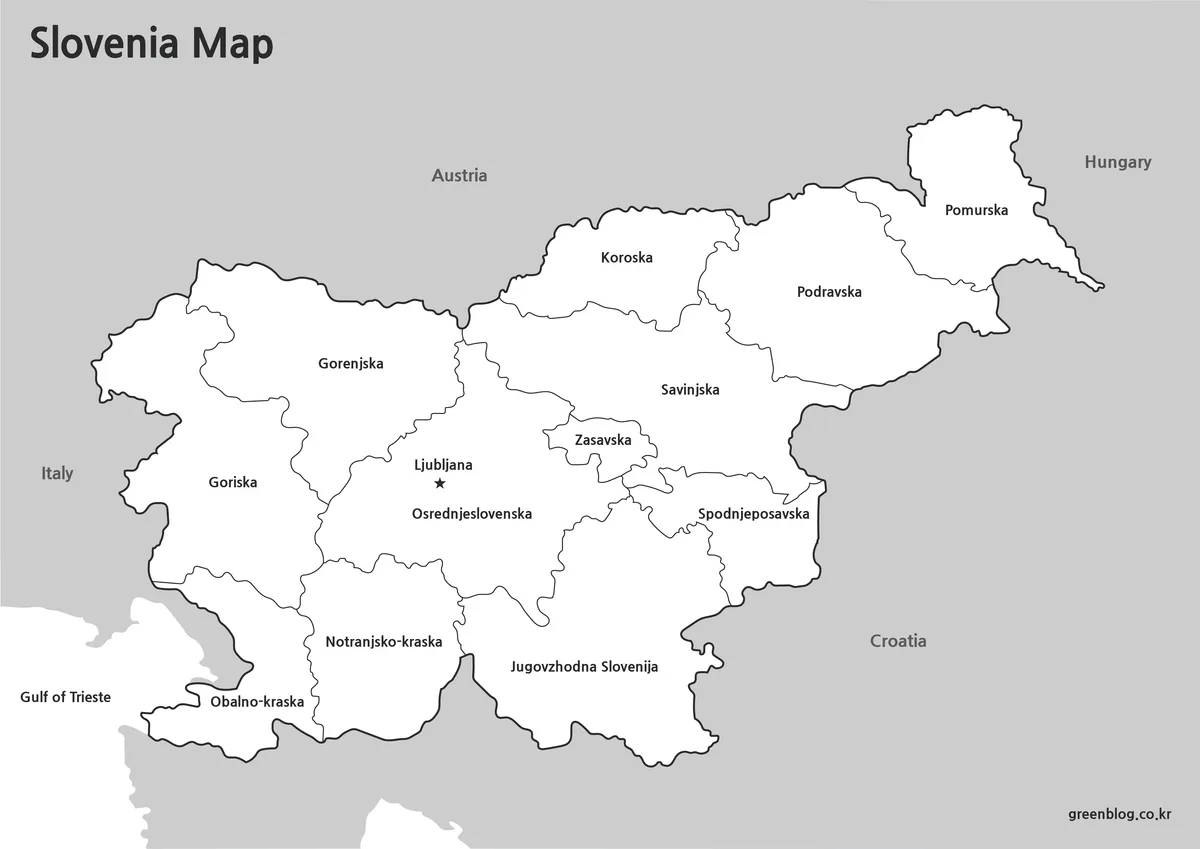 Printable black and white Slovenia map with labeled regional boundaries.