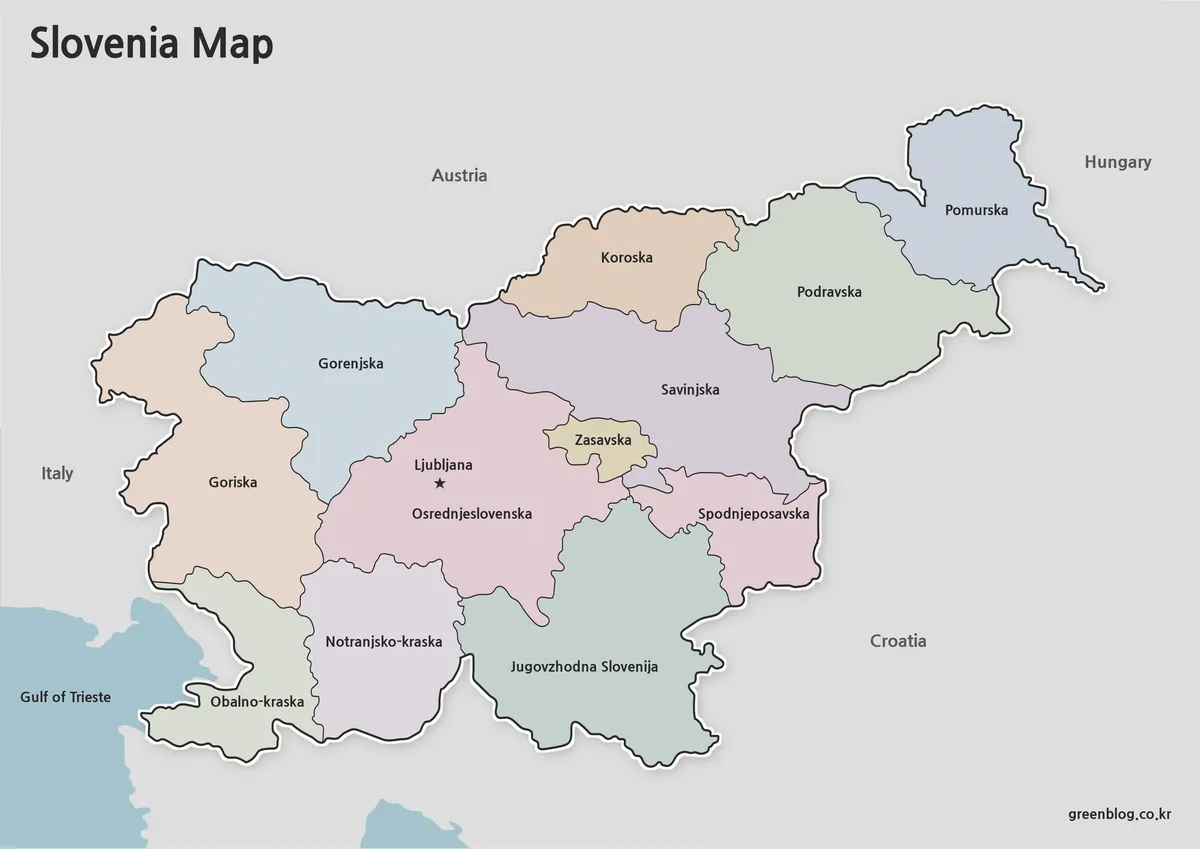 High-resolution Slovenia color map showing regional divisions and Ljubljana location.