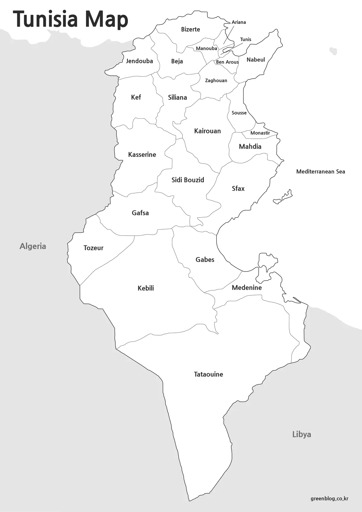 Printable black and white Tunisia map with regional boundaries and place names.