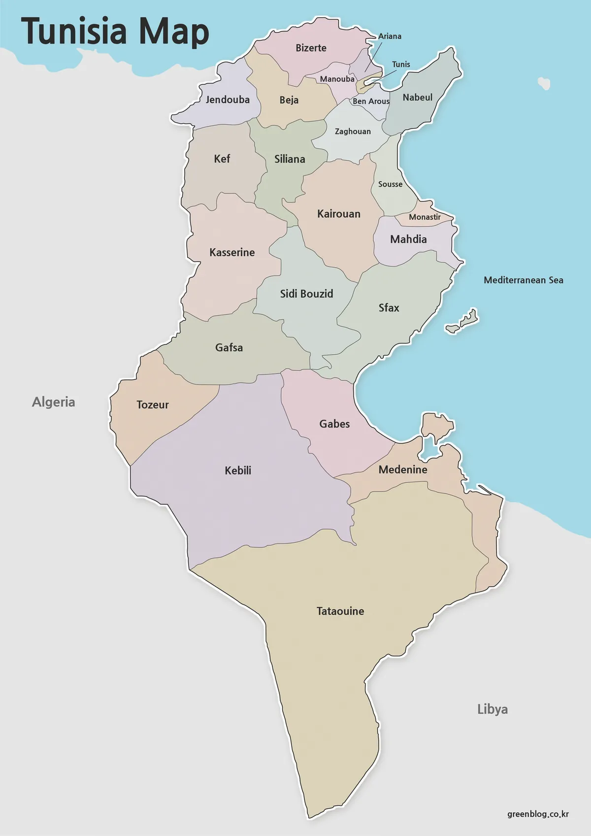 Printable Tunisia map collection with color, labeled, and outline versions