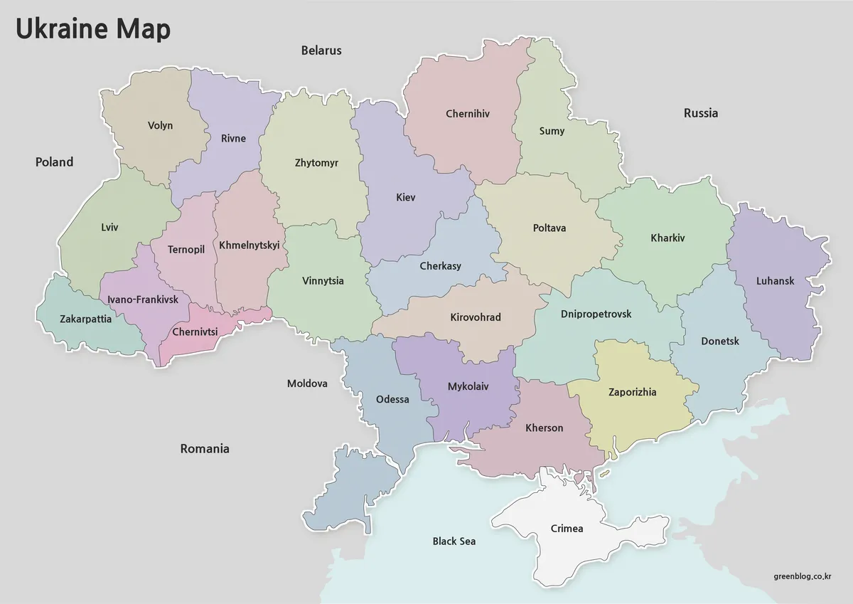 Printable Ukraine map with administrative regions and Kyiv location marker
