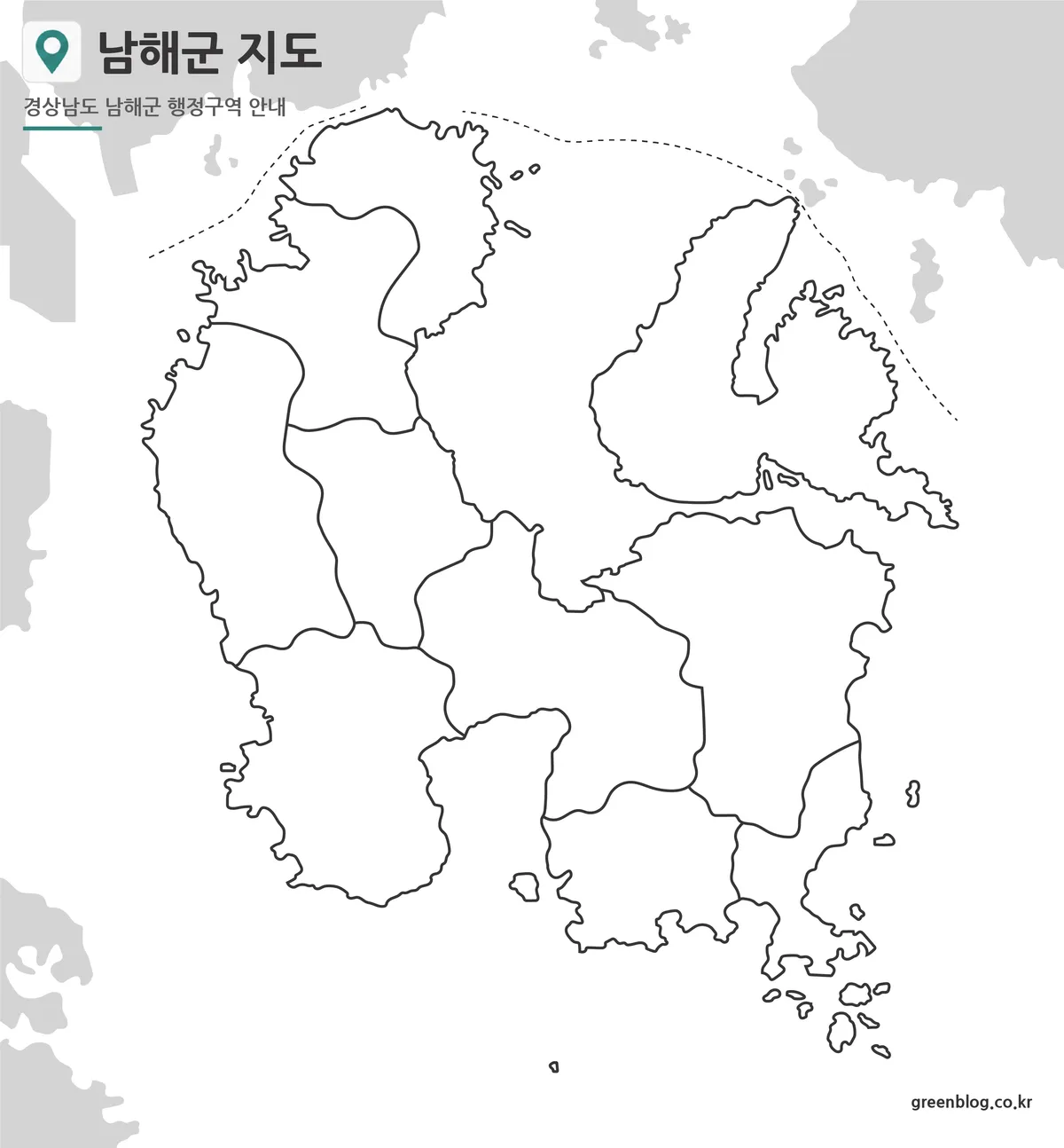 남해군 윤곽선 행정구역 지도