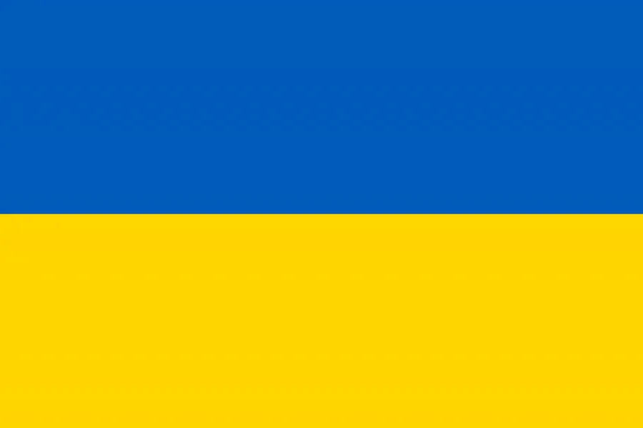 Flag of Ukraine with blue and yellow horizontal stripes.