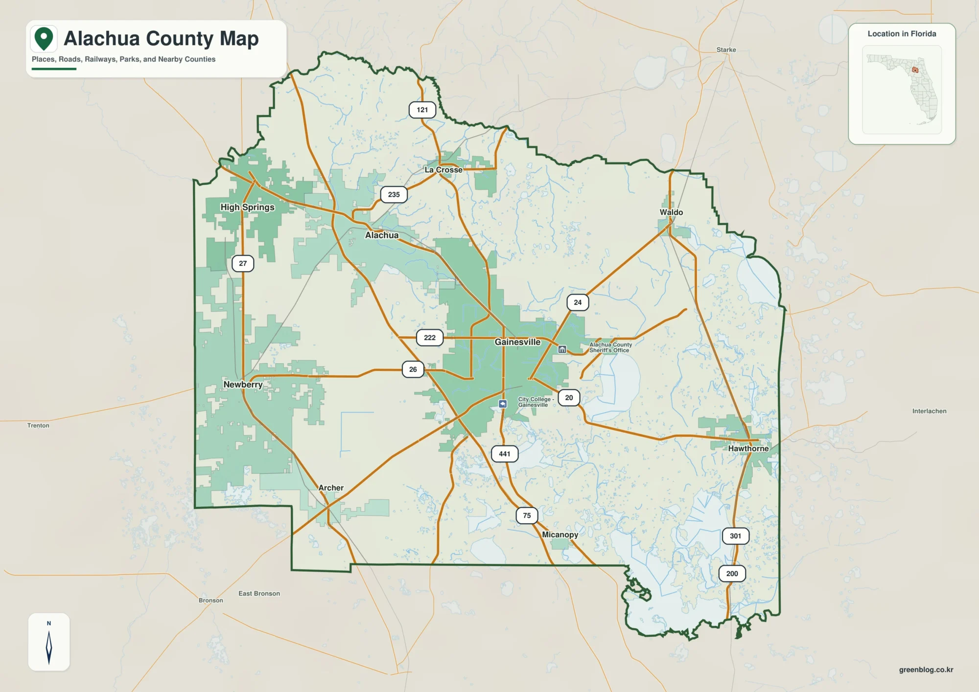 Alachua County Florida map showing Gainesville, Alachua, High Springs