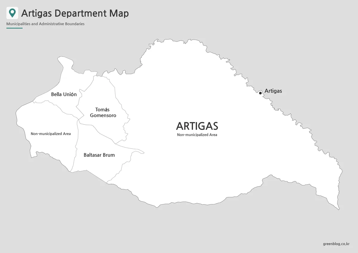 Printable black and white map of Artigas Department with municipal boundaries and the capital city