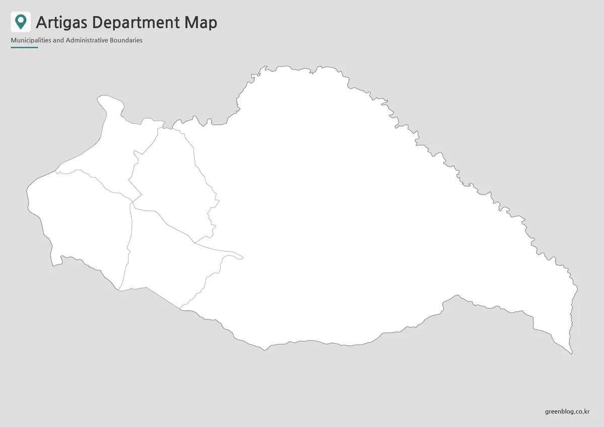 Artigas Department outline map with three municipal boundary areas for editing and educational use