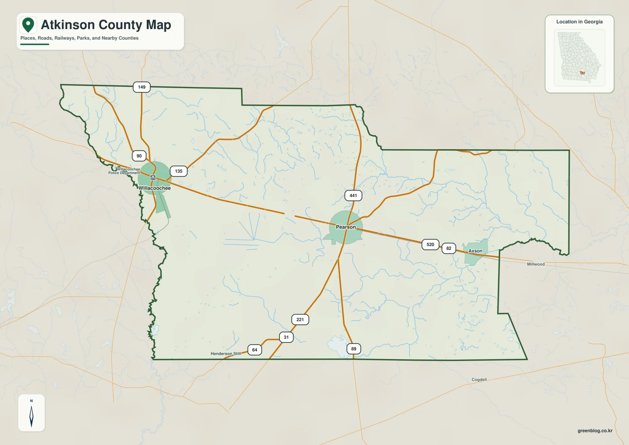 앳킨슨 카운티 Atkinson County 조지아 지도에 표시된 카운티 경계와 주요 지명