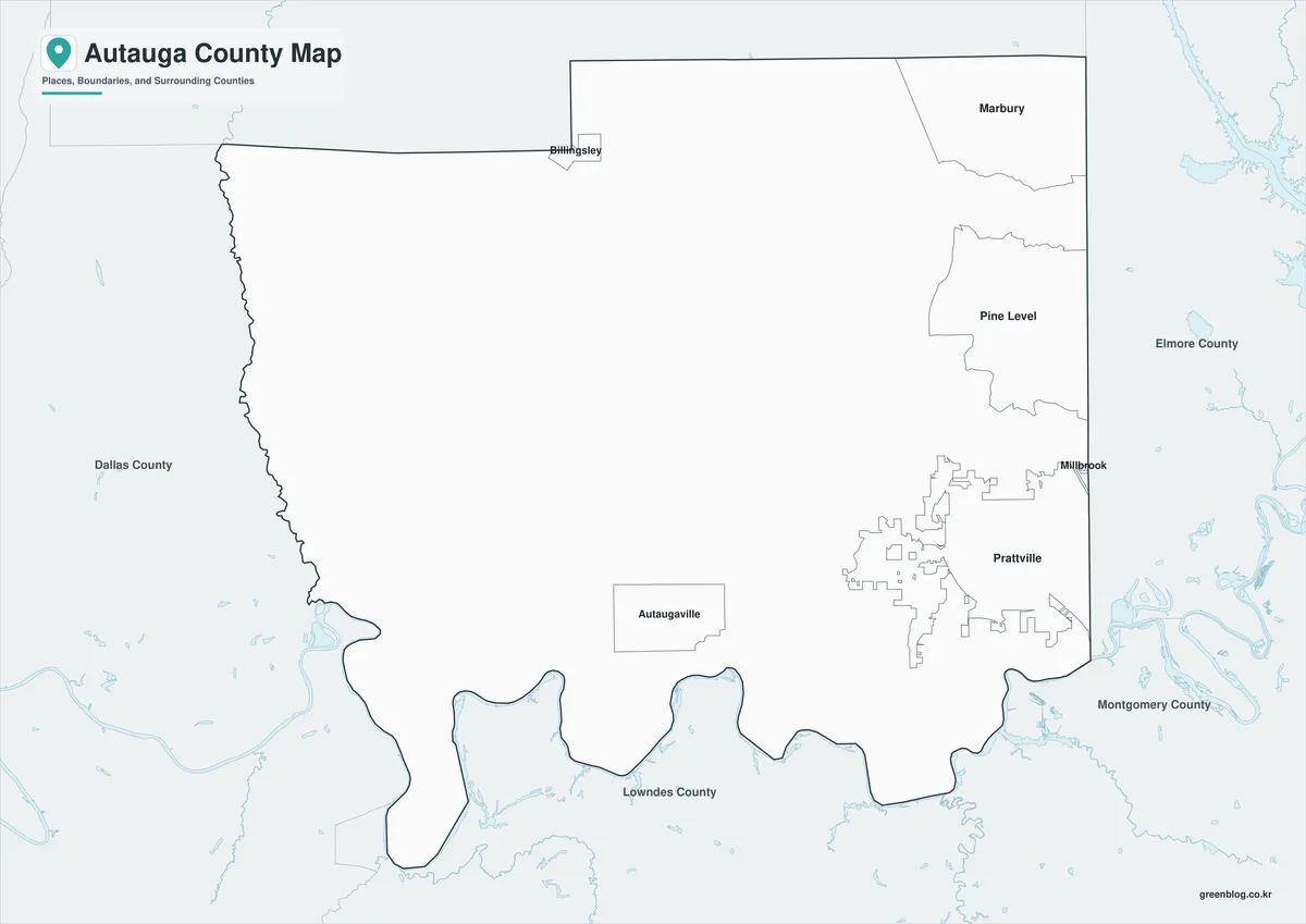 Autauga County Map black and white version with selected place names and boundaries