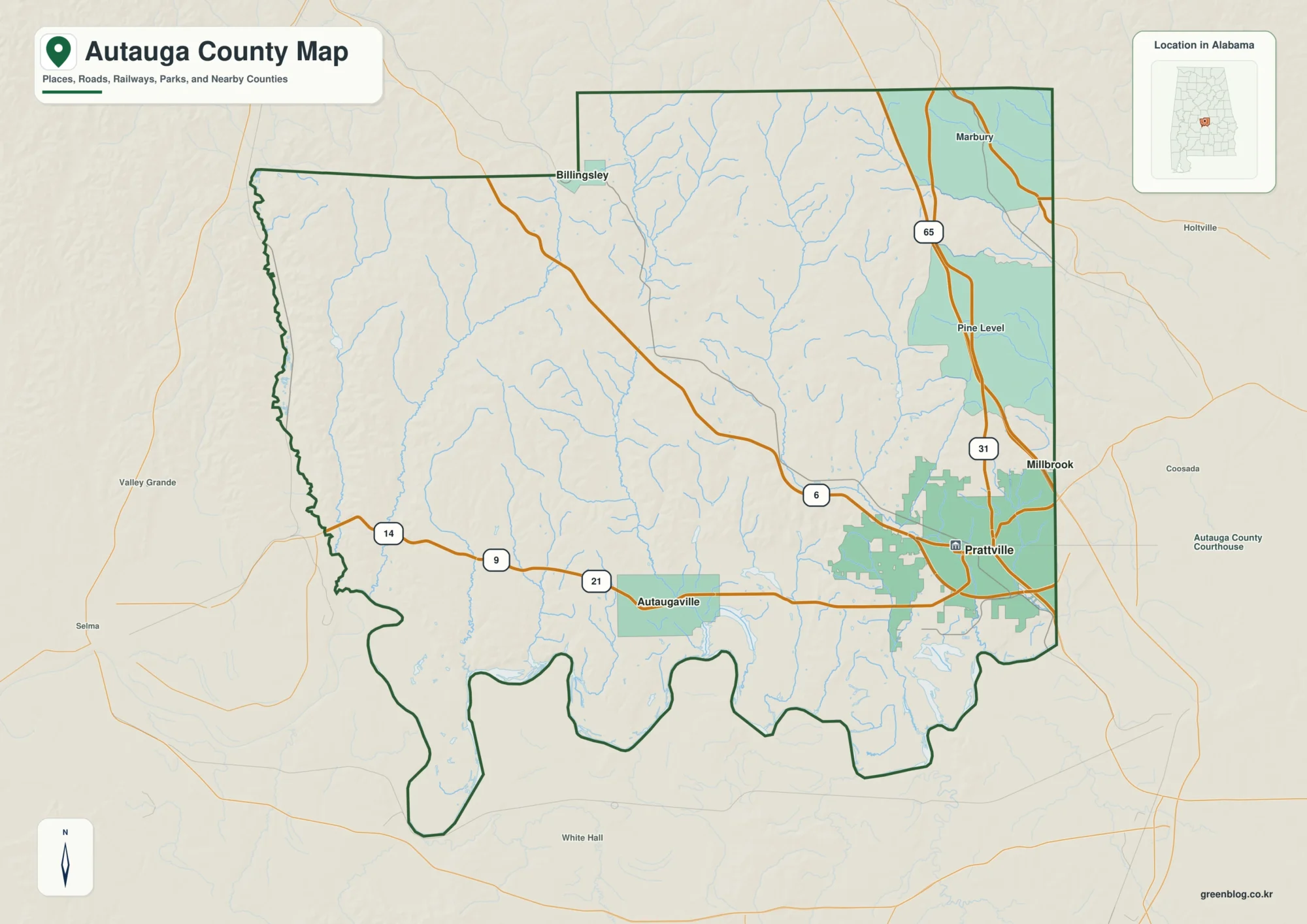 오토가 카운티 Autauga County 앨라배마 지도에서 카운티 경계와 주요 지명을 확인하는 지도