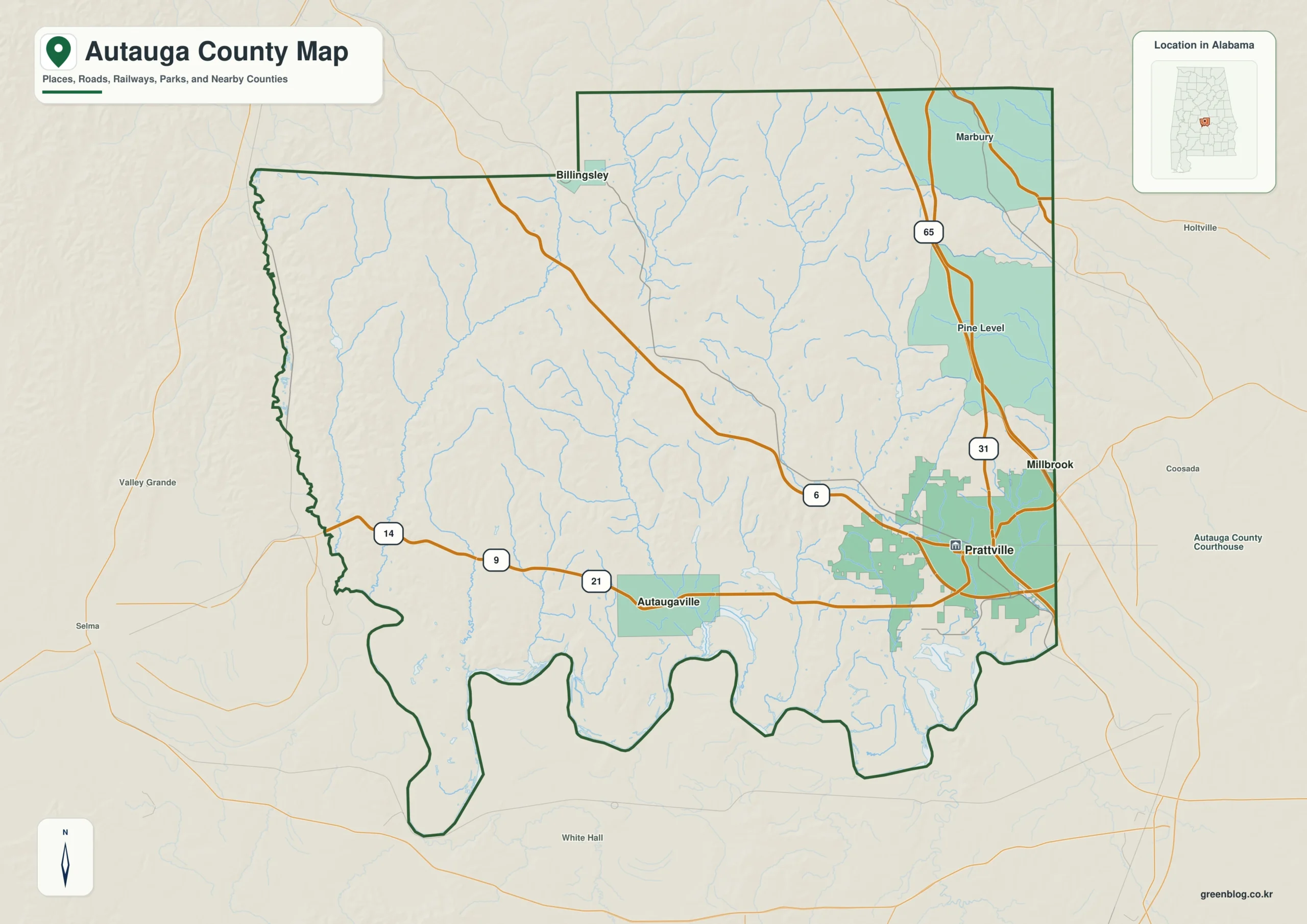 오토가 카운티 Autauga County 앨라배마 지도에서 카운티 경계와 주요 지명을 확인하는 지도