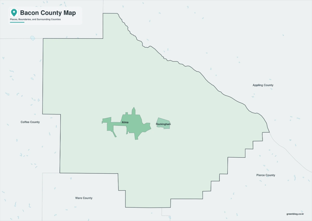 Bacon County map featuring color, black-and-white, and outline A3 JPG versions