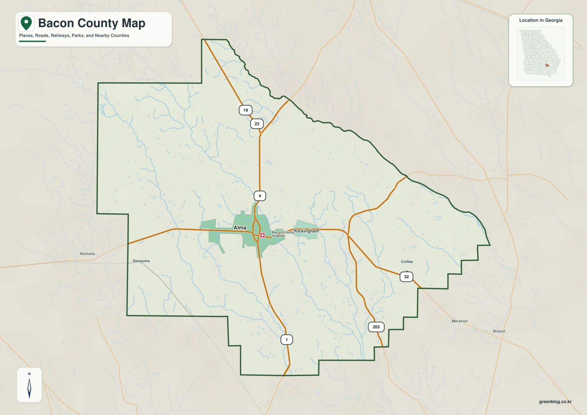 Bacon County Georgia map showing the county boundary and selected places