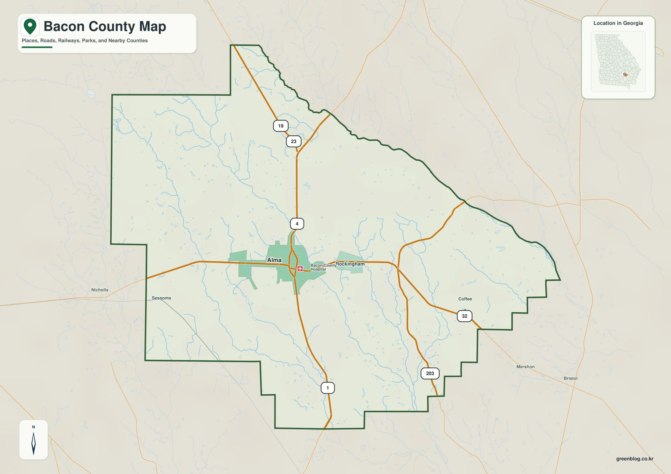 Bacon County Georgia map showing the county boundary and selected places