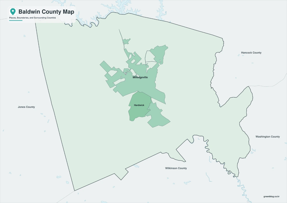 Baldwin County map with color-separated boundaries and selected place labels