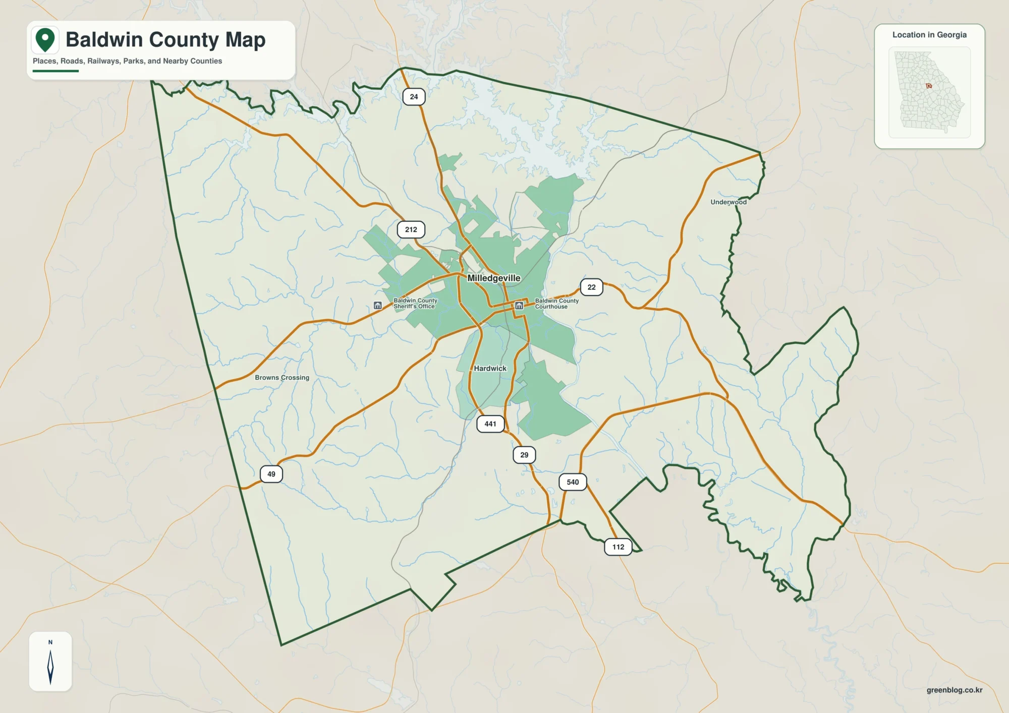 Baldwin County Georgia map showing the county boundary and selected places