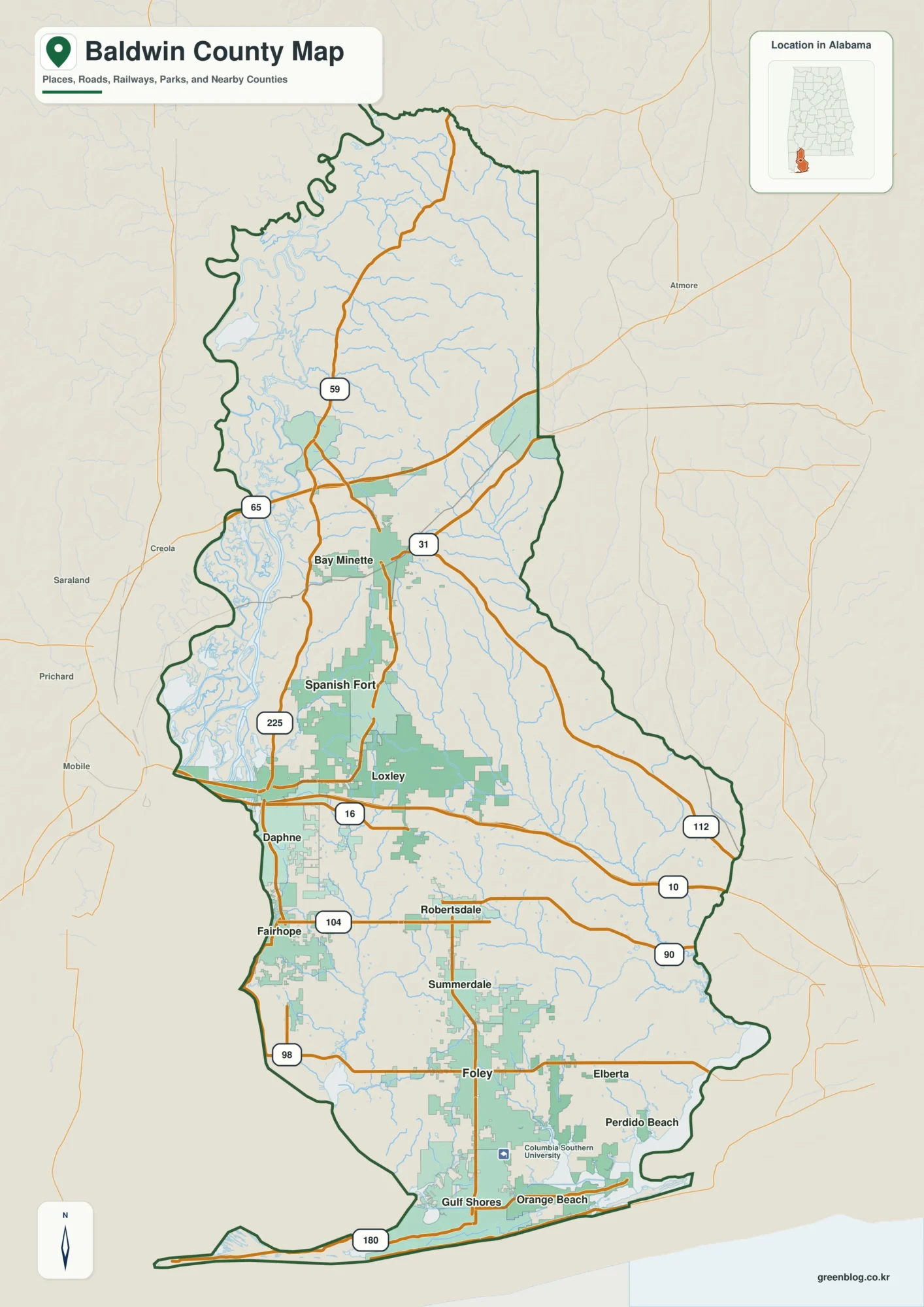 Baldwin County Alabama map showing the county boundary and selected labeled places