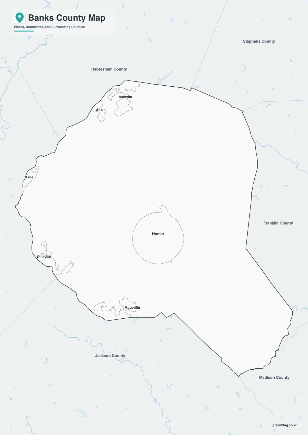 Banks County map black-and-white version with labeled places and boundaries