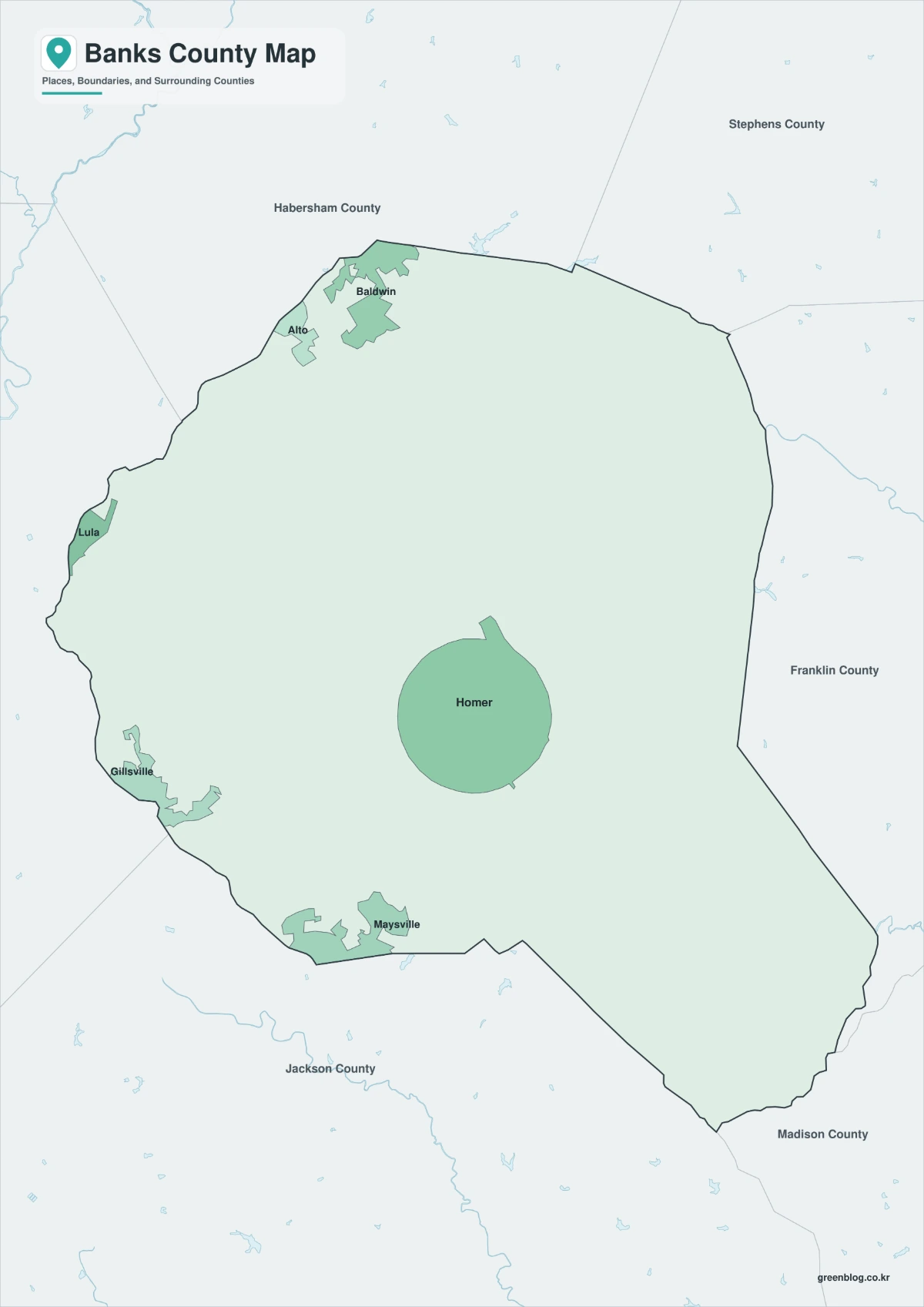 Banks County map color version with Homer and selected nearby places