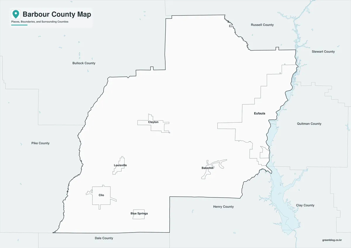 Barbour County Map black and white version with selected names and internal boundaries