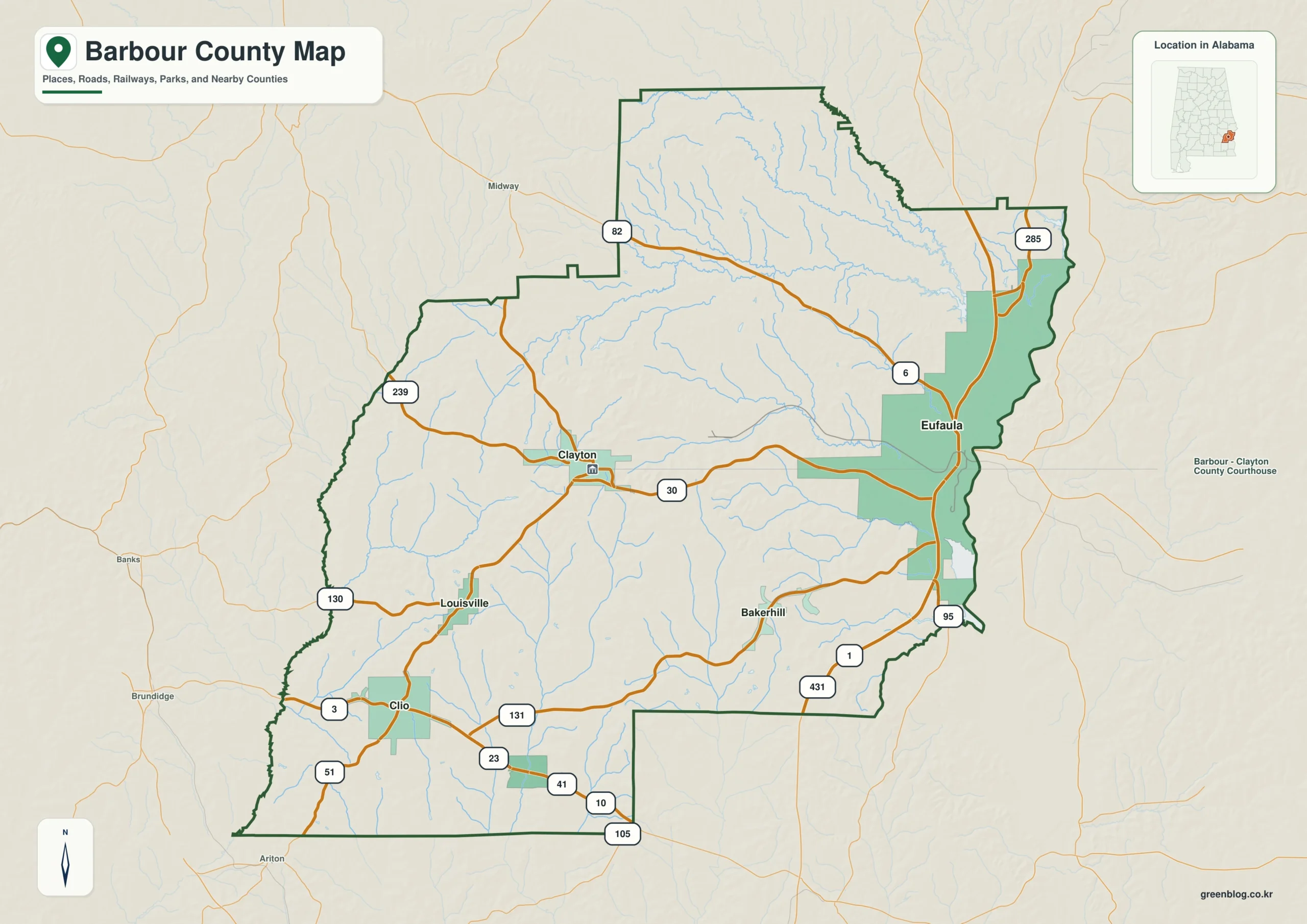 바버 카운티 Barbour County 앨라배마 지도에서 카운티 경계와 주요 지명을 확인하는 지도