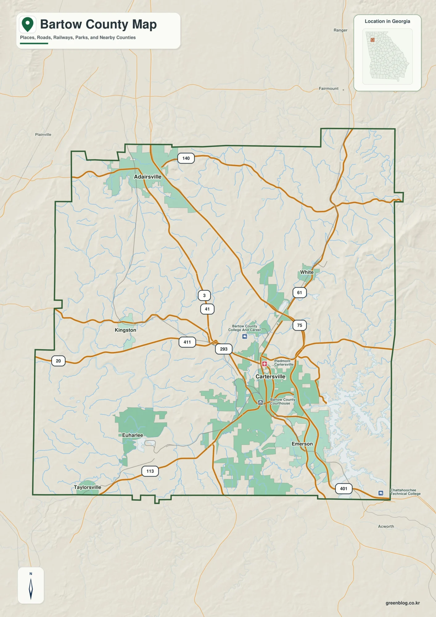 Bartow County Georgia map showing the county boundary and selected places