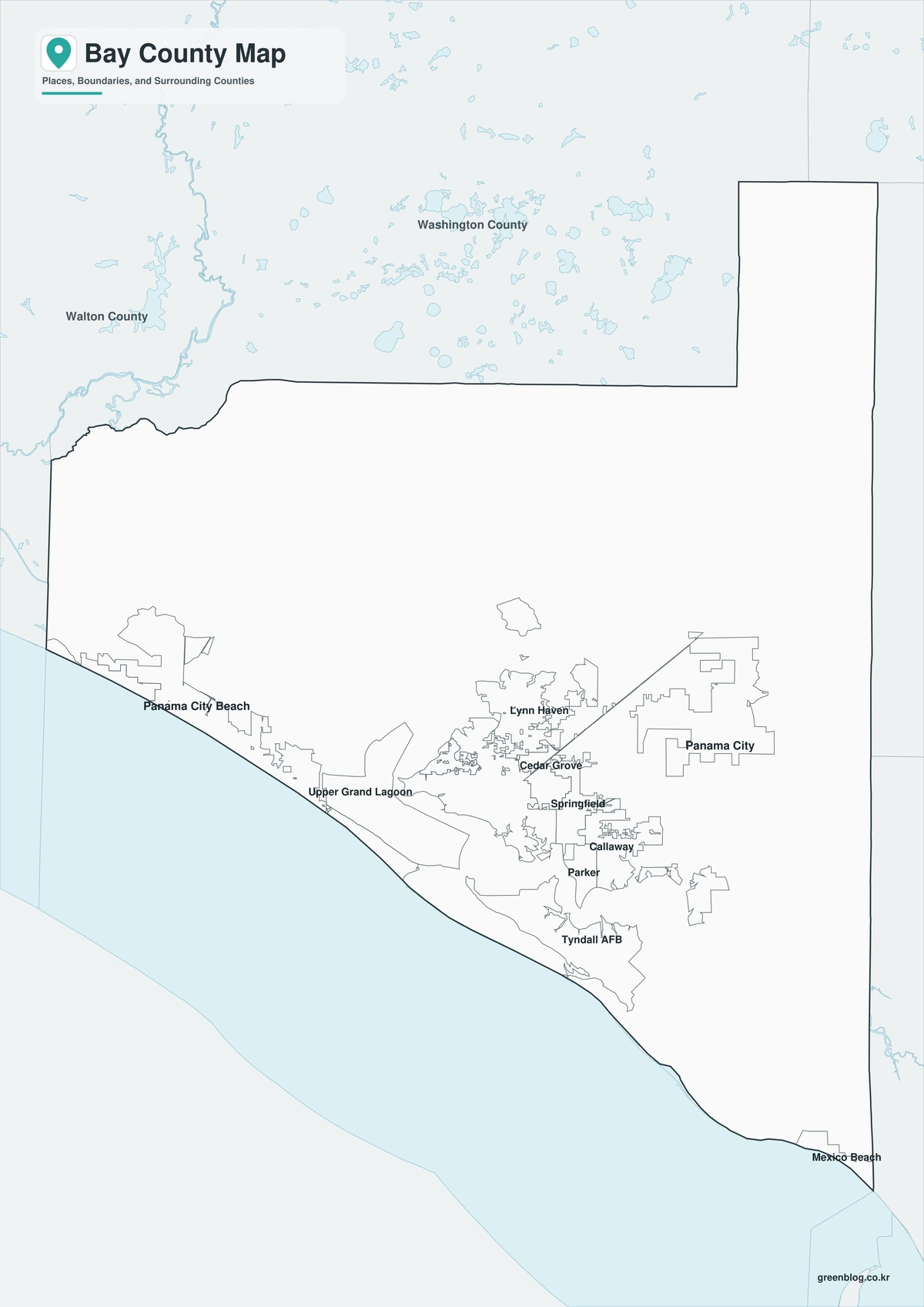 Black-and-white Bay County map with selected city labels