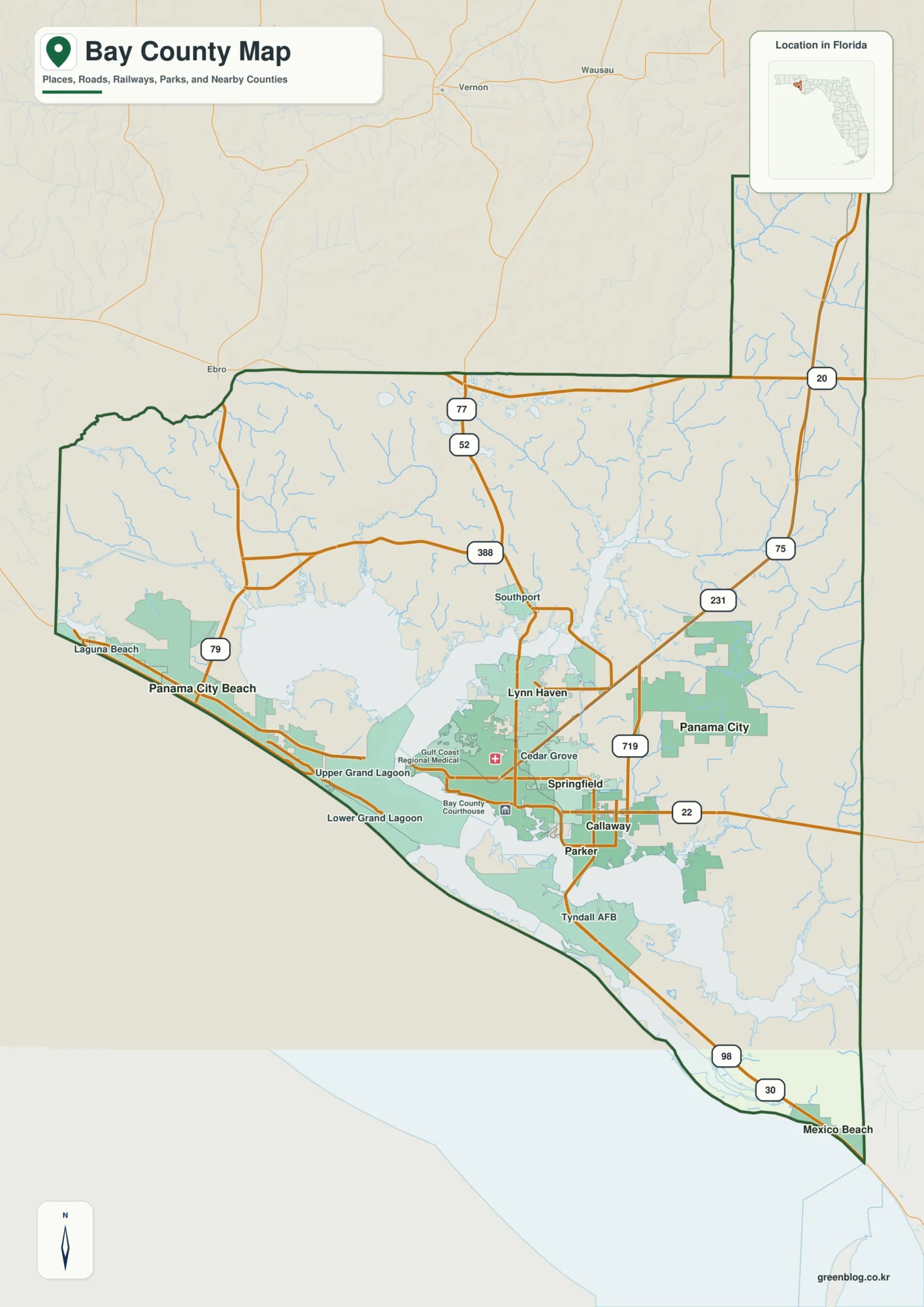 Bay County Florida map showing Panama City, Panama City Beach, Lynn Haven