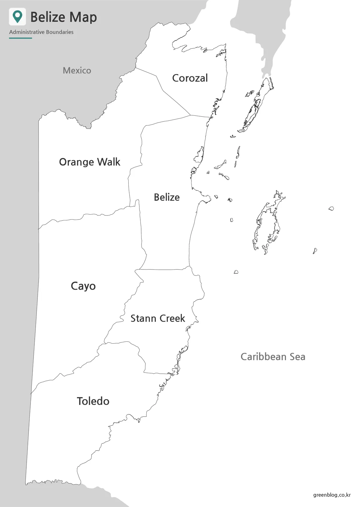 Black and white Belize map with district names and boundary lines