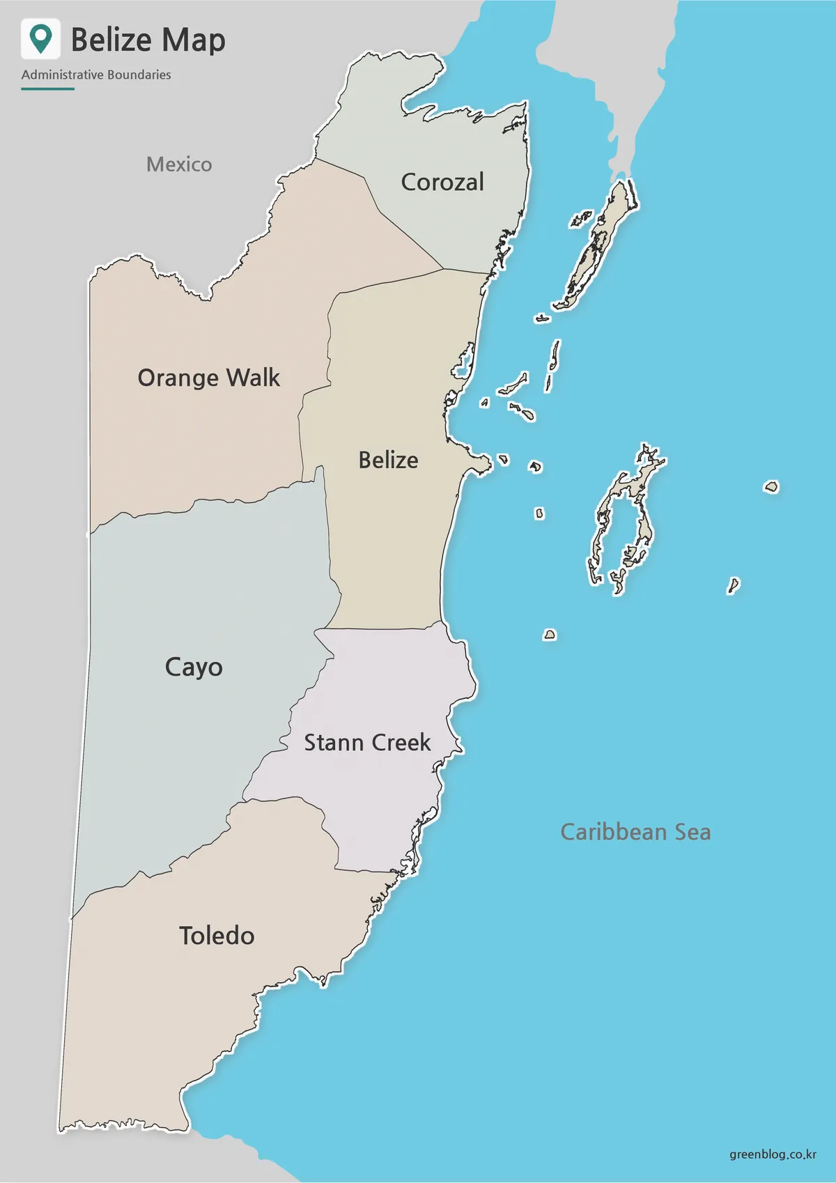 Belize map collection with color, black and white, and outline district versions