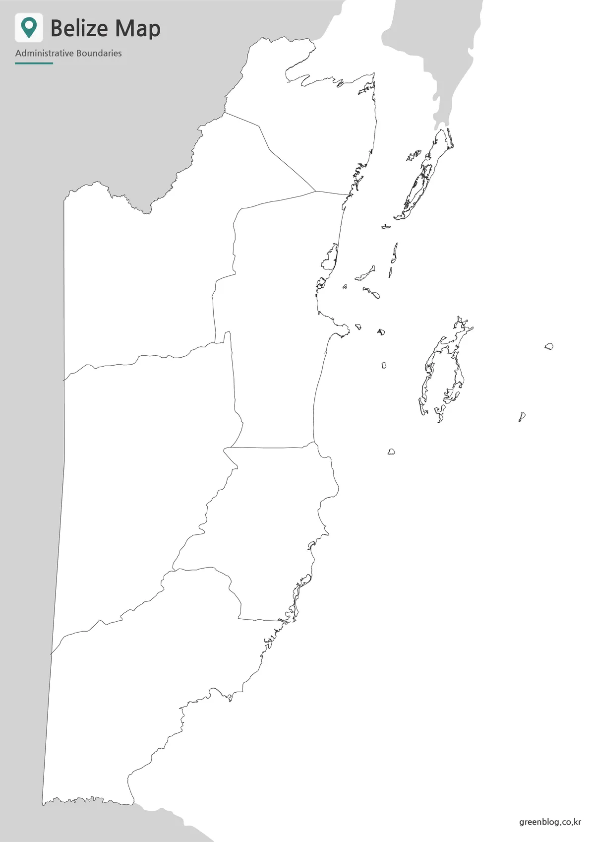 Editable Belize outline map with six district boundaries and detailed coastline