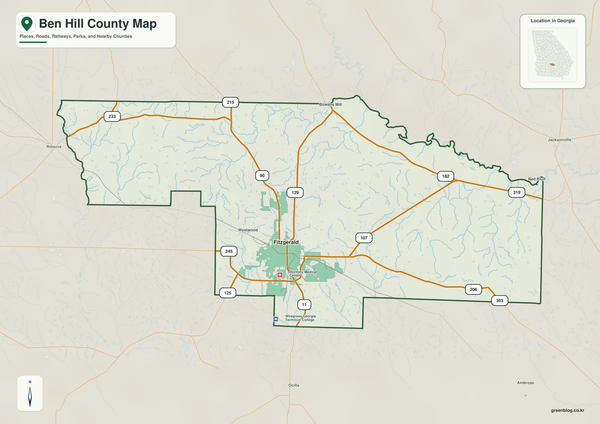 Ben Hill County Georgia map showing the county boundary and selected places