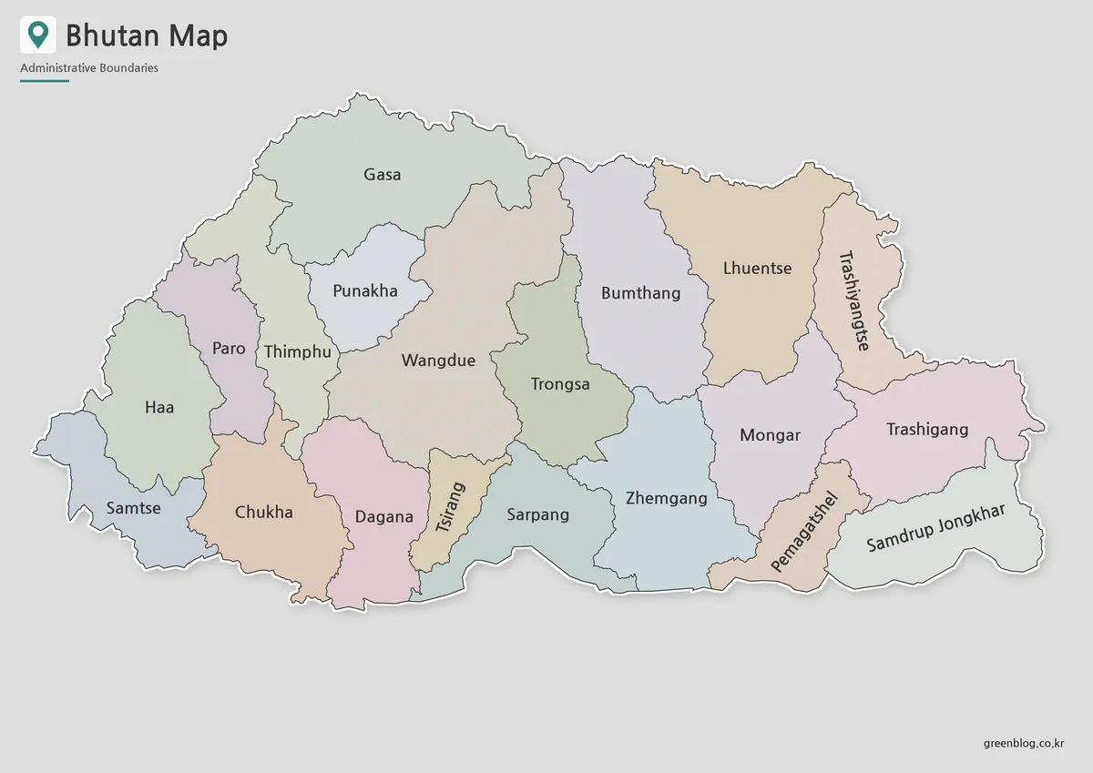 Printable Bhutan map with color-coded administrative regions